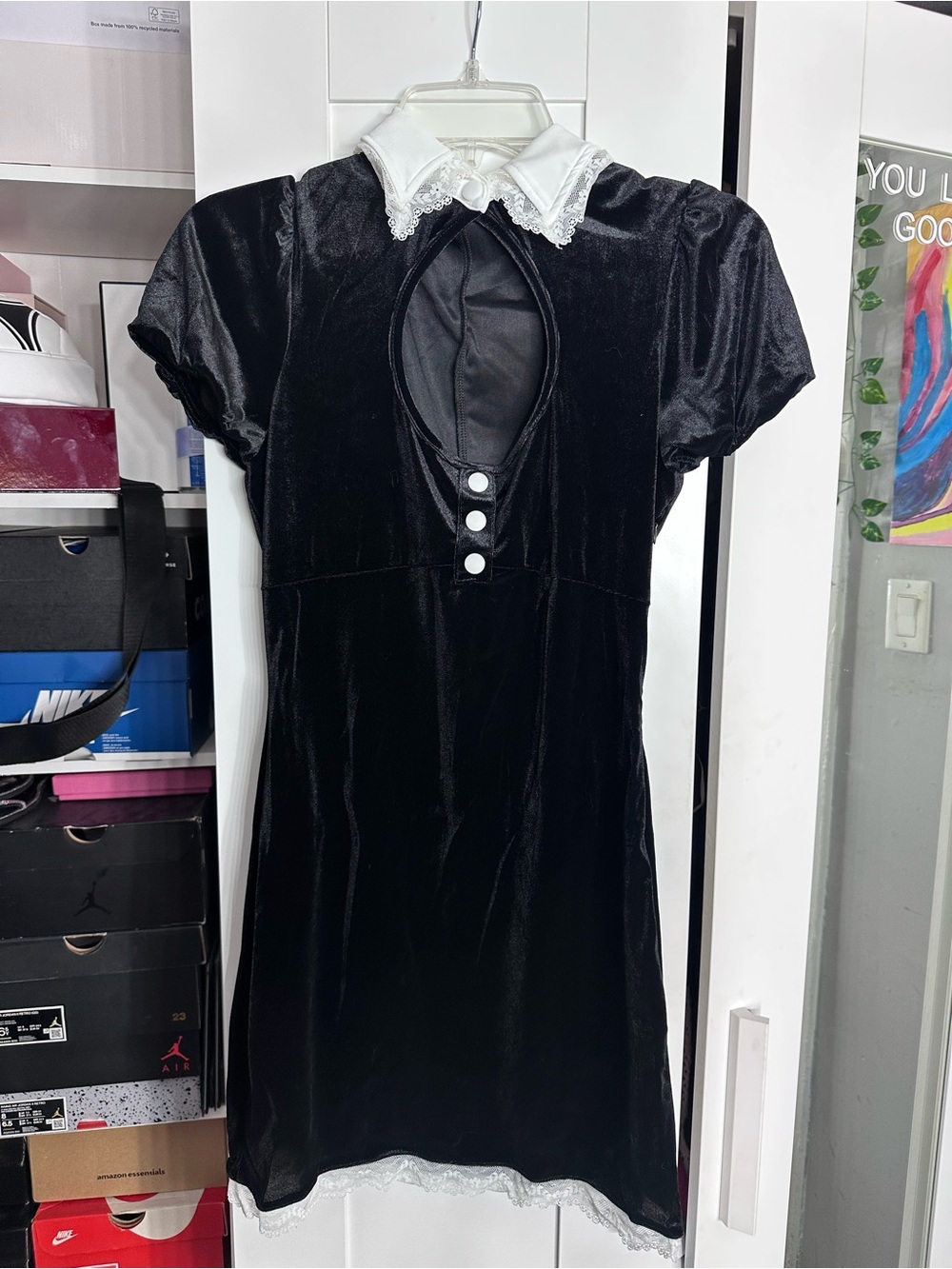 SHEIN Black Velvet Mini Dress with White Lace Collar